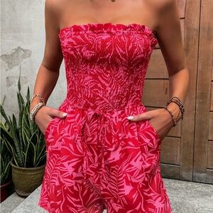 Strapless Red Leaf Print Romper